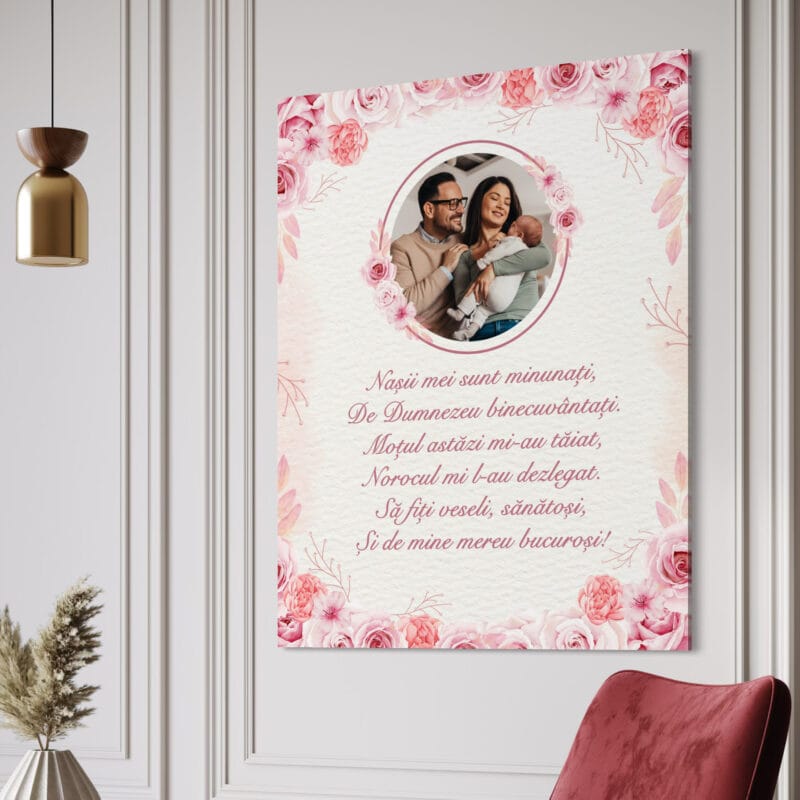 tablou canvas personalizat nași tăierea moțului – design floral roz și poezie