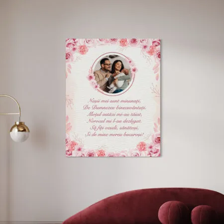 tablou canvas personalizat nași tăierea moțului – design floral roz și poezie