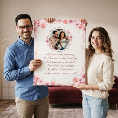 tablou canvas personalizat nași tăierea moțului – design floral roz și poezie