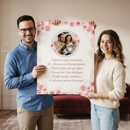 tablou canvas personalizat nași tăierea moțului – design floral roz și poezie