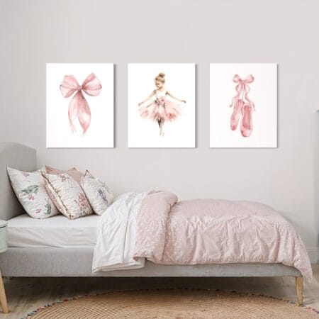 set 3 tablouri canvas decorative cu balerină — camera copilului