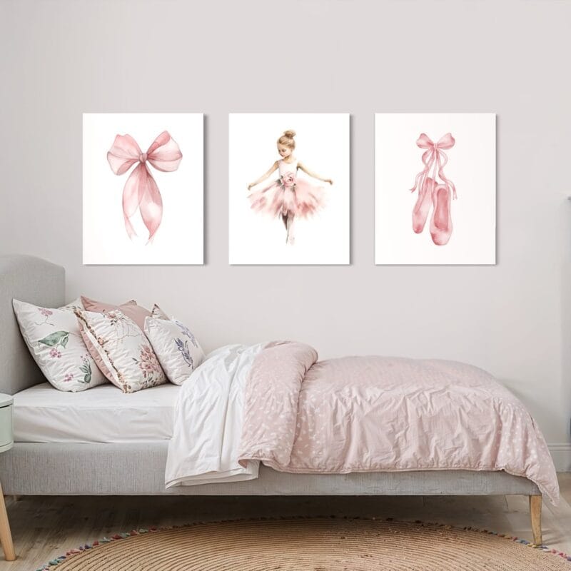 set 3 tablouri canvas decorative cu balerină — camera copilului