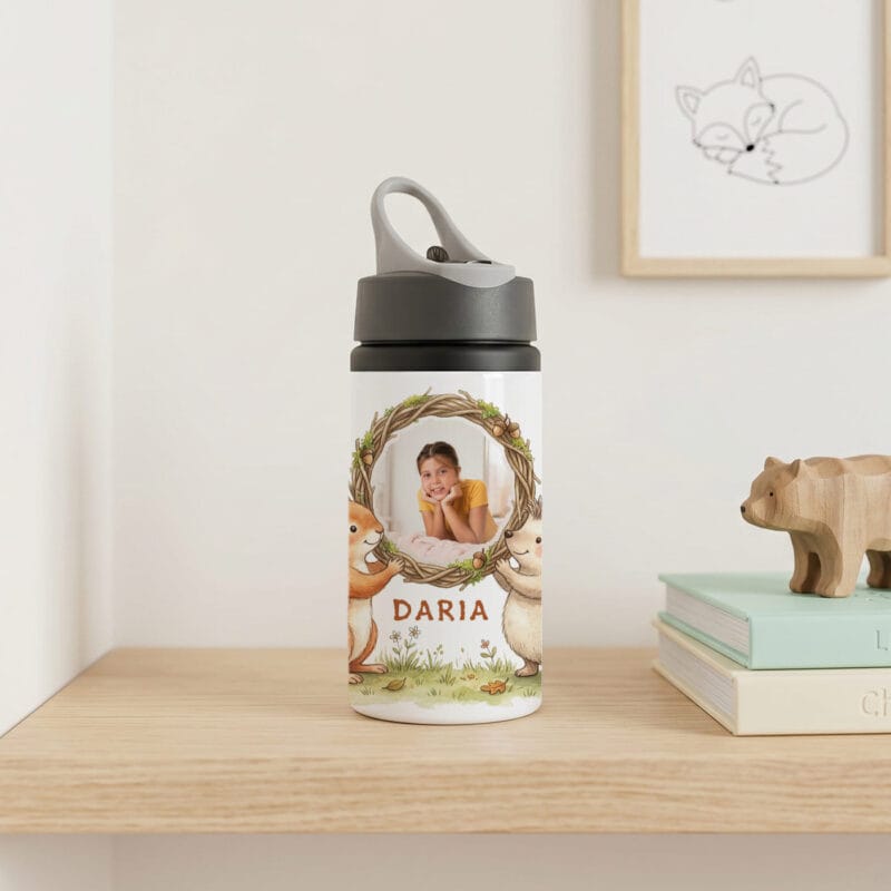 bidon personalizat cu poză și nume — veveriță și arici