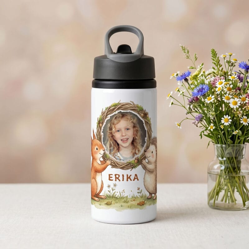 bidon personalizat cu poză și nume — veveriță și arici