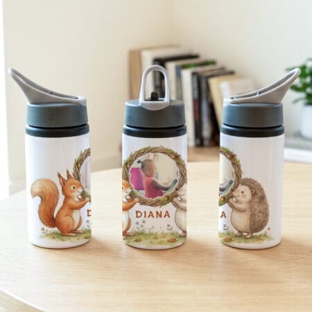 bidon personalizat cu poză și nume — veveriță și arici