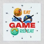 ceas de perete personalizat cu mesaj — eat sleep game repeat