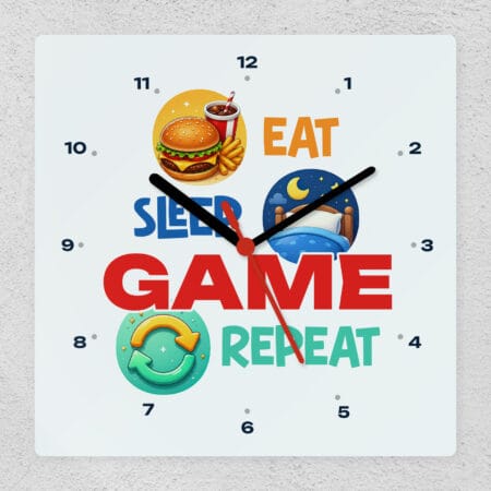 ceas de perete personalizat cu mesaj — eat sleep game repeat