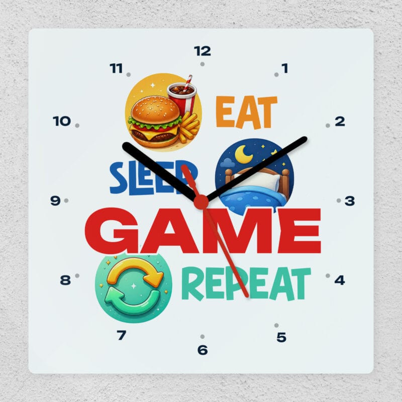 ceas de perete personalizat cu mesaj — eat sleep game repeat