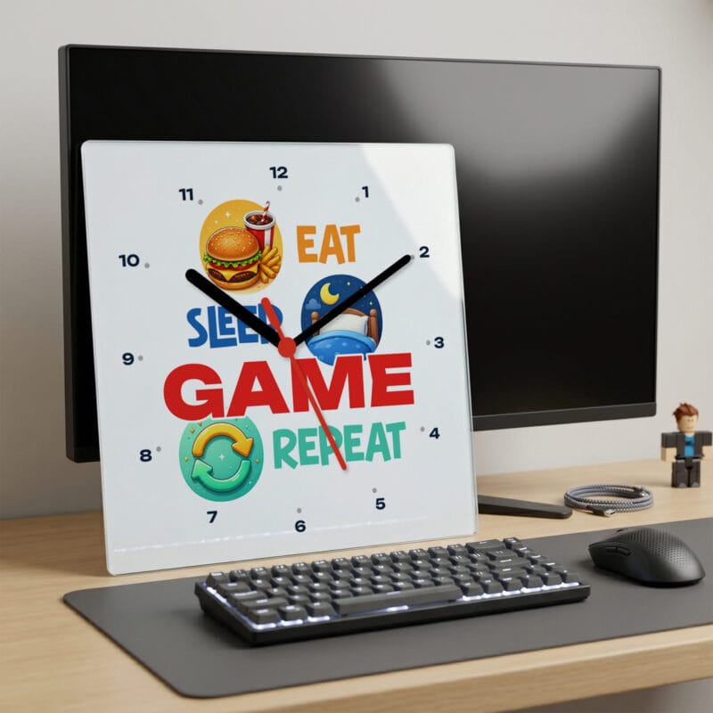 ceas de perete personalizat cu mesaj — eat sleep game repeat