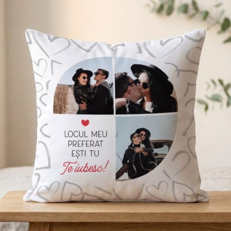 pernă personalizată cu 3 poze și mesaj — locul meu preferat ești tu