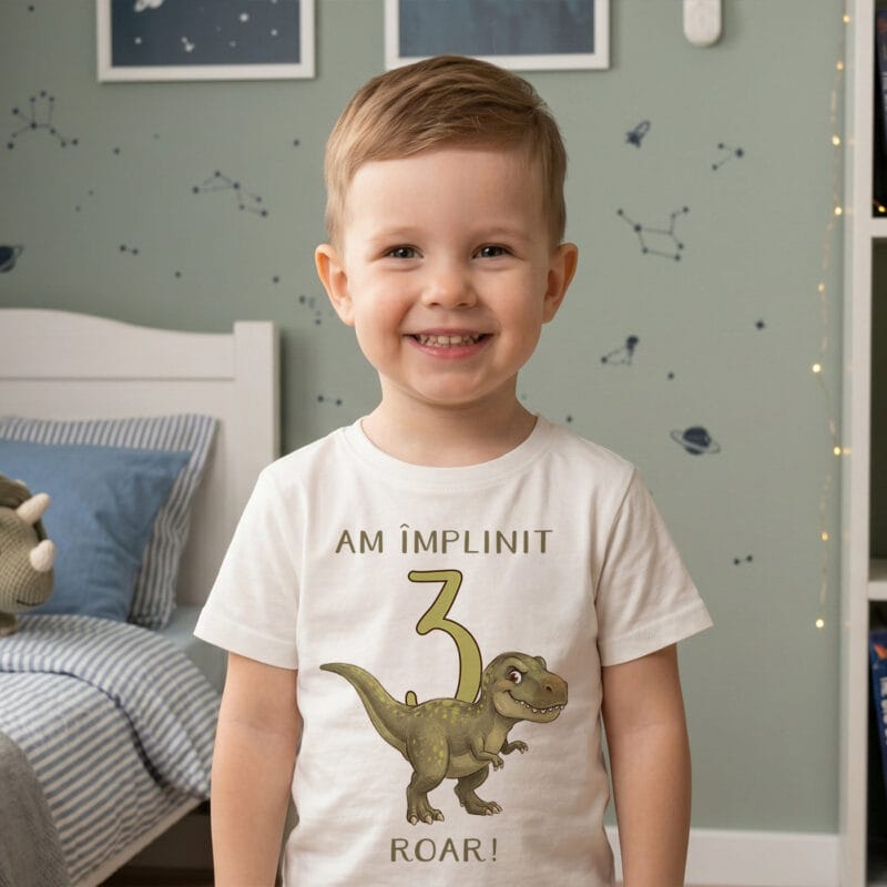 tricou aniversar personalizat cu vârstă — dinozaur, băieți și fete