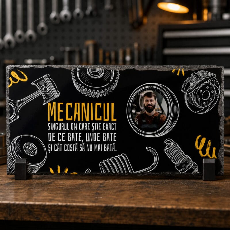 ardezie panoramică personalizată cu poză și mesaj — pentru mecanic