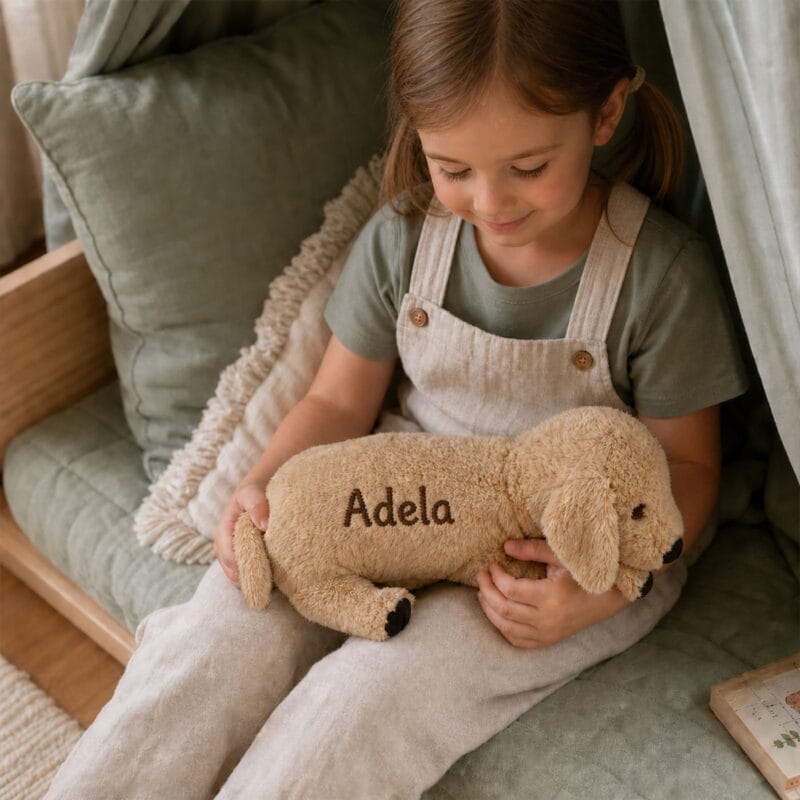 câine de pluș personalizat cu nume brodat — golden retriever