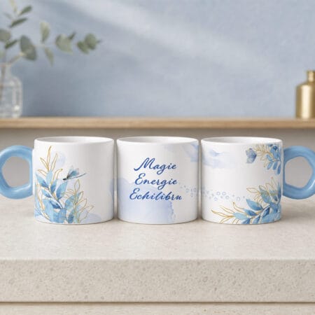 cană espresso personalizată cu mesaj — design floral albastru