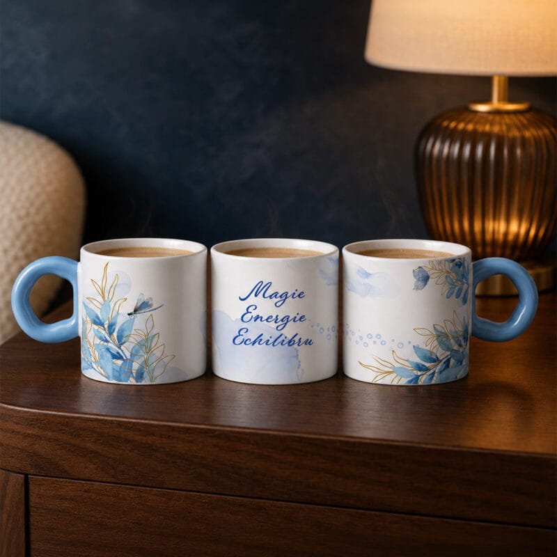 cană espresso personalizată cu mesaj — design floral albastru