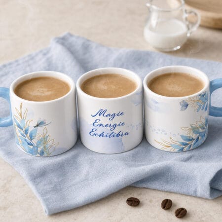 cană espresso personalizată cu mesaj — design floral albastru