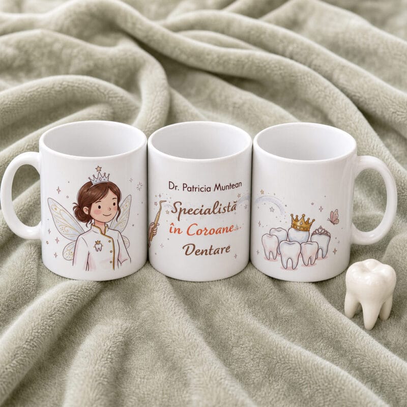 cană personalizată cu nume și mesaj — cadou pentru dentistă