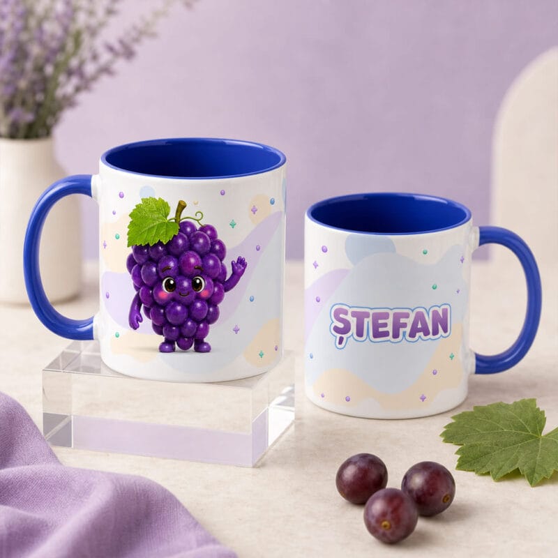cană personalizată cu nume — fructe vesele pentru copii
