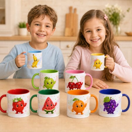 cană personalizată cu nume — fructe vesele pentru copii