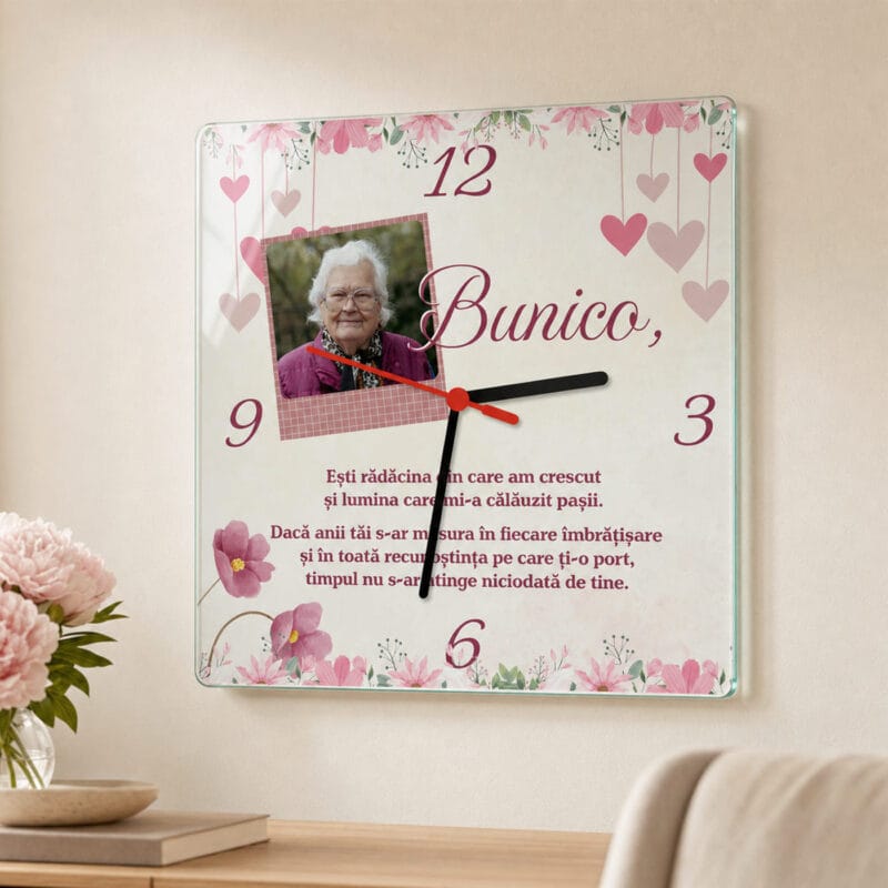 ceas pătrat personalizat cu poză și mesaj — cadou pentru bunica
