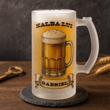 halbă de bere din sticlă mată personalizată cu nume — design vintage