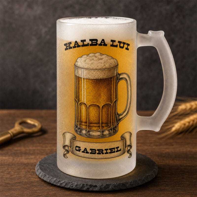 halbă de bere din sticlă mată personalizată cu nume — design vintage