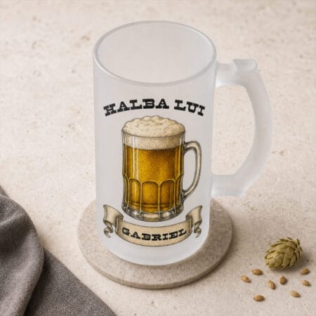halbă de bere din sticlă mată personalizată cu nume — design vintage