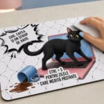 mouse pad personalizat cu mesaj — pisică neagră în stil comic