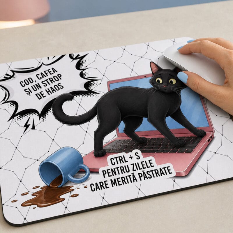 mouse pad personalizat cu mesaj — pisică neagră în stil comic