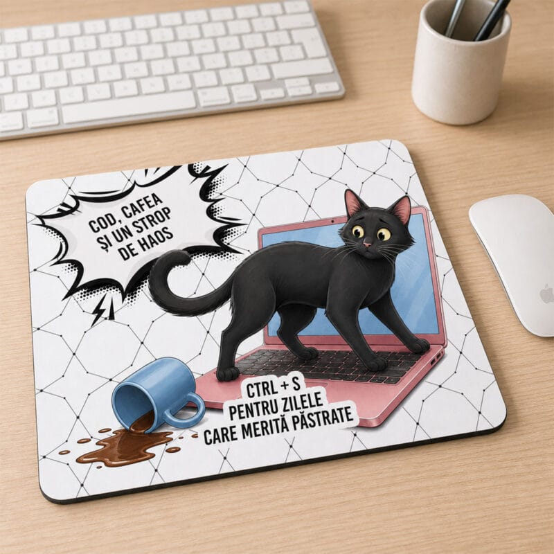 mouse pad personalizat cu mesaj — pisică neagră în stil comic
