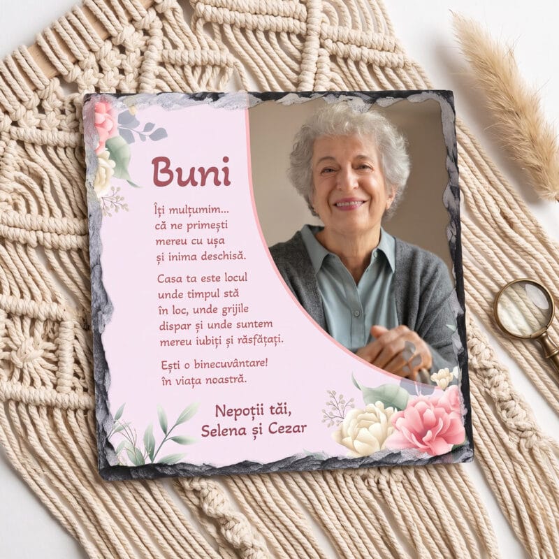 placă ardezie personalizată cu poză și mesaj — cadou bunica