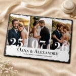 placă ardezie personalizată cu 3 poze — numele mirilor și data nunții