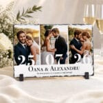 placă ardezie personalizată cu 3 poze — numele mirilor și data nunții