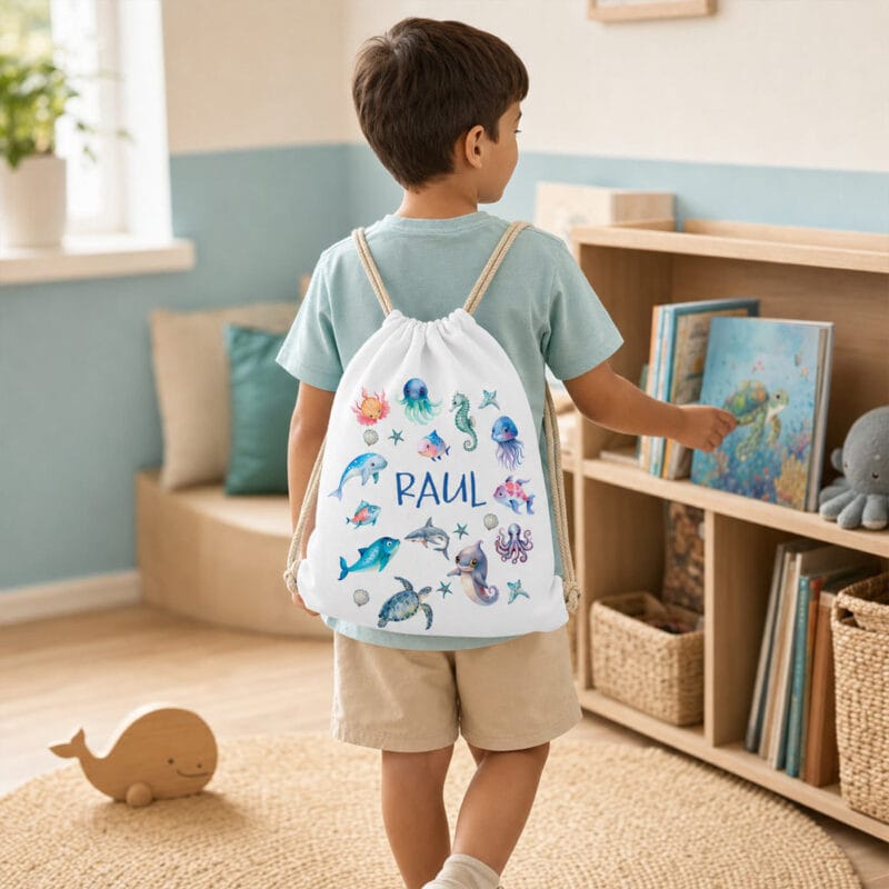 rucsac personalizat cu nume — animale marine ilustrate