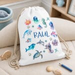 rucsac personalizat cu nume — animale marine ilustrate