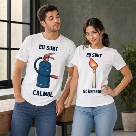 set 2 tricouri cuplu personalizate cu mesaj — scânteia și calmul