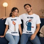 set 2 tricouri cuplu personalizate cu mesaj — scânteia și calmul