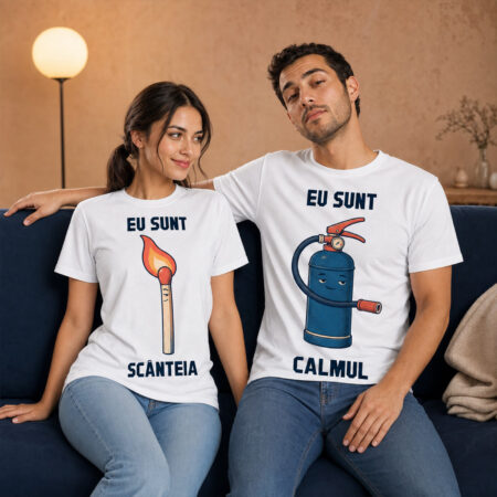 set 2 tricouri cuplu personalizate cu mesaj — scânteia și calmul