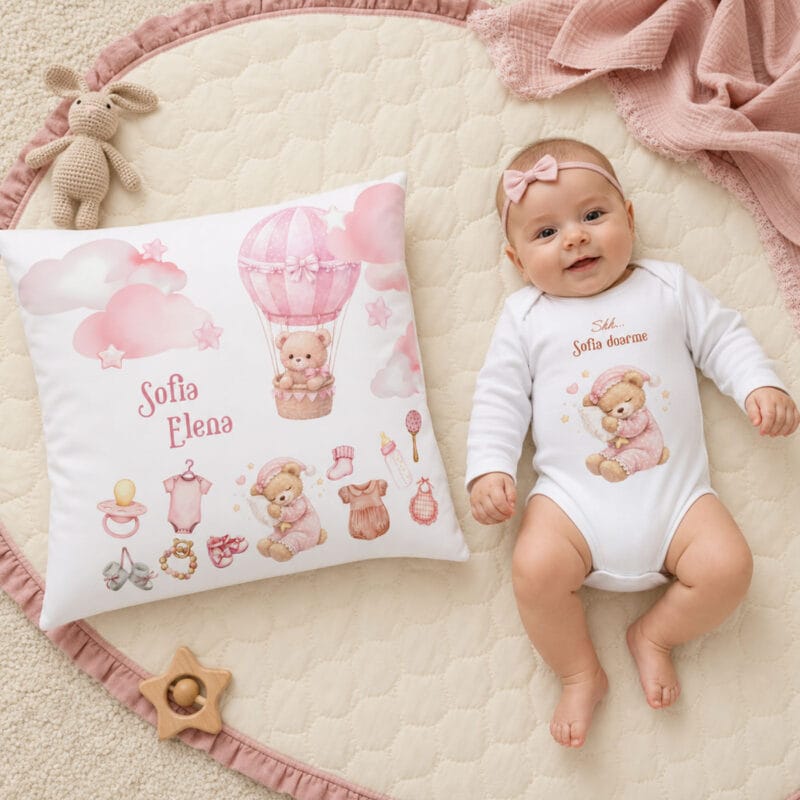 set cadou bebe personalizat cu nume — pernă și body