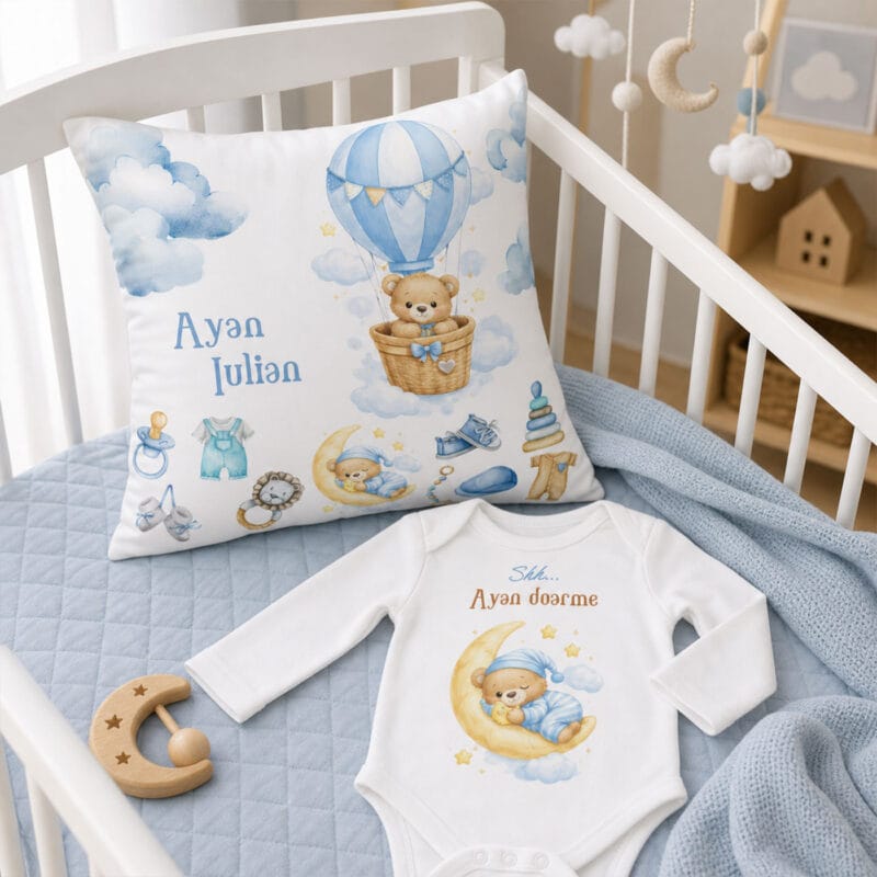 set cadou bebe personalizat cu nume — pernă și body