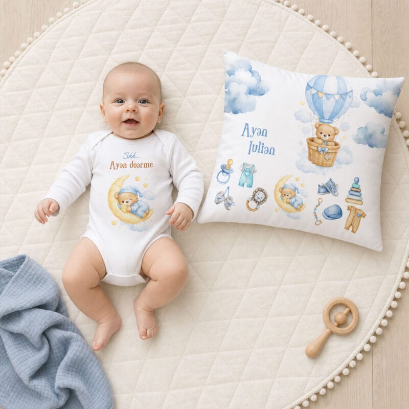 set cadou bebe personalizat cu nume — pernă și body