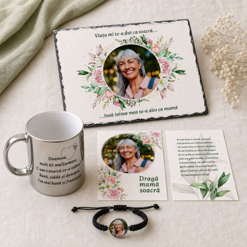 set cadou personalizat cu poză și mesaj pentru soacră — 4 piese