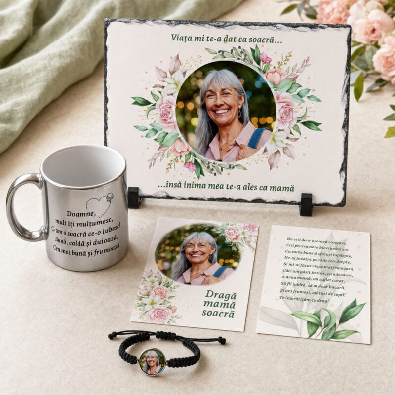 set cadou personalizat cu poză și mesaj pentru soacră — 4 piese