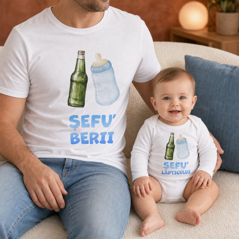 set tricou tată și body bebe personalizat cu mesaj — bere și lăptic