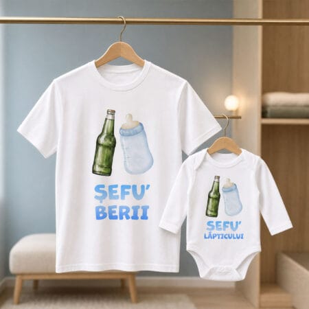set tricou tată și body bebe personalizat cu mesaj — bere și lăptic