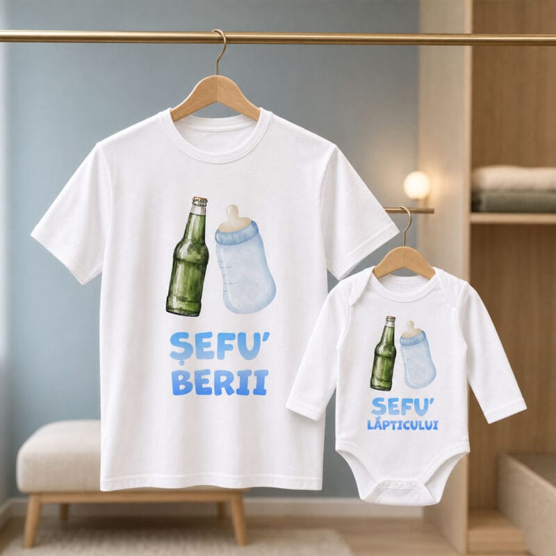 set tricou tată și body bebe personalizat cu mesaj — bere și lăptic