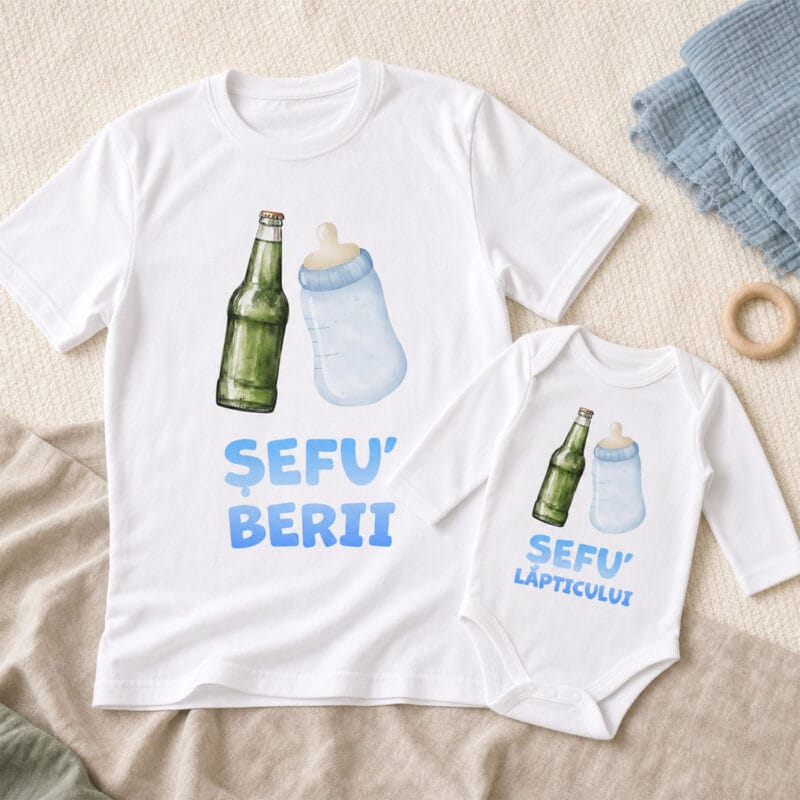 set tricou tată și body bebe personalizat cu mesaj — bere și lăptic