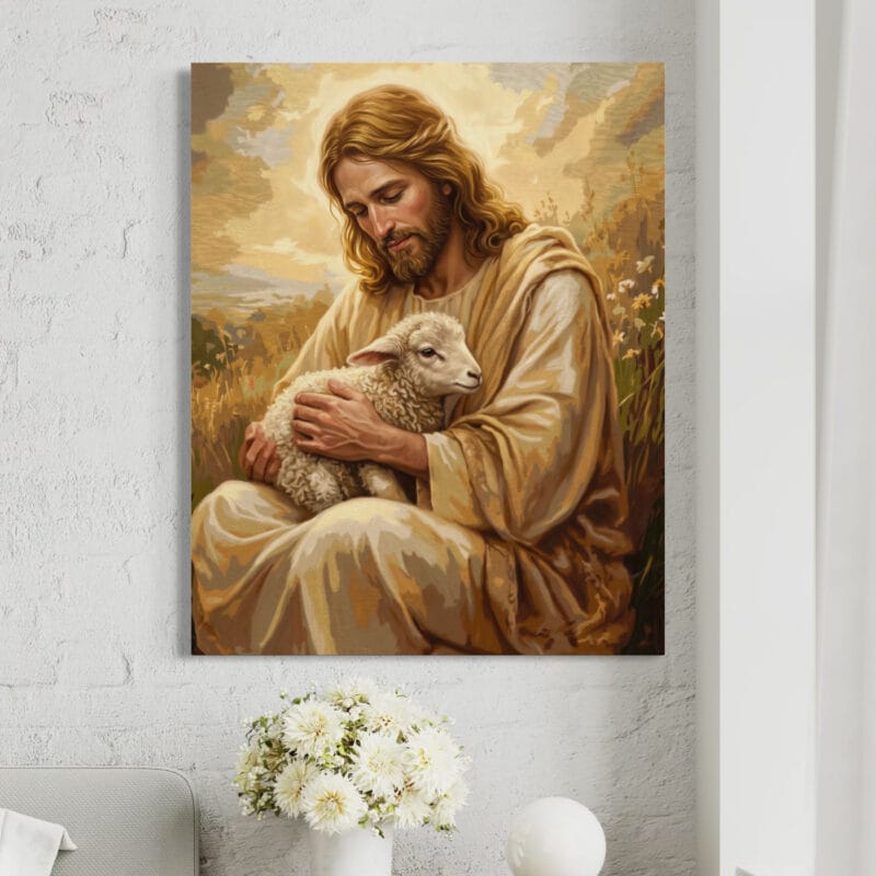 tablou canvas decorativ cu iisus și mielul — bunul păstor