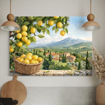 tablou canvas decorativ cu lămâi și peisaj mediteranean — bucătărie