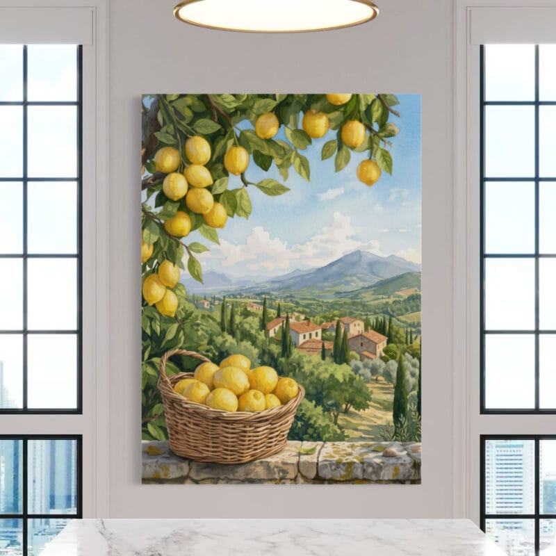 tablou canvas decorativ cu lămâi și peisaj mediteranean — bucătărie